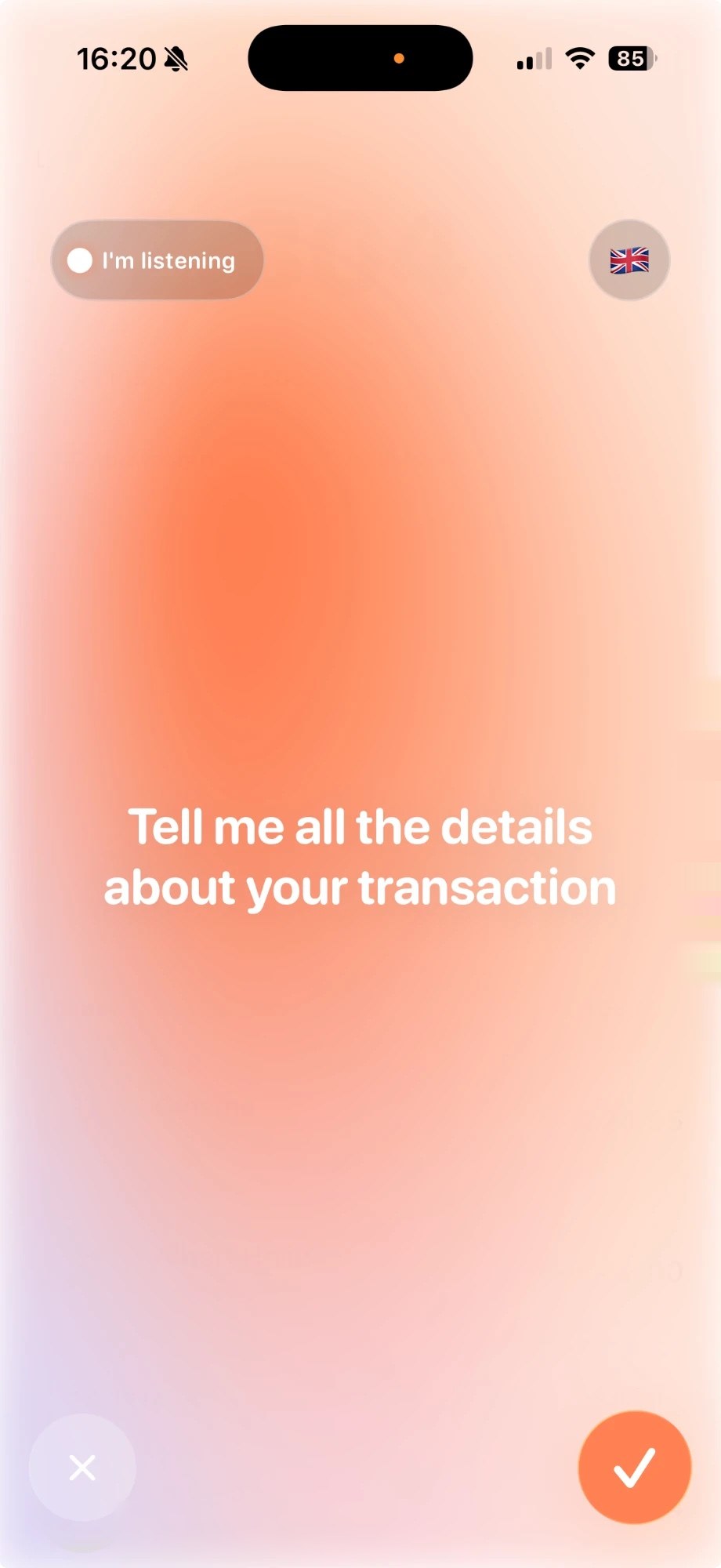 The voice screen listening while you say a spend out loud.